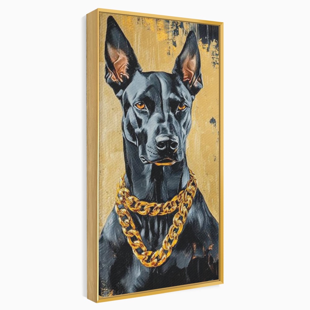Tablou canvas cu tablou canvas cu doberman negru, in rama de aluminiu auriu